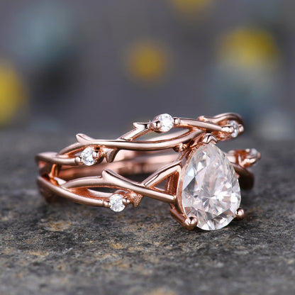 Unique Teardrop Moissanite Ring Set,Vintage Twig Diamond Engagement Ring Set,Branch Ring Set Gold,Twisted Ring Bridal Set,Dainty Ring Set