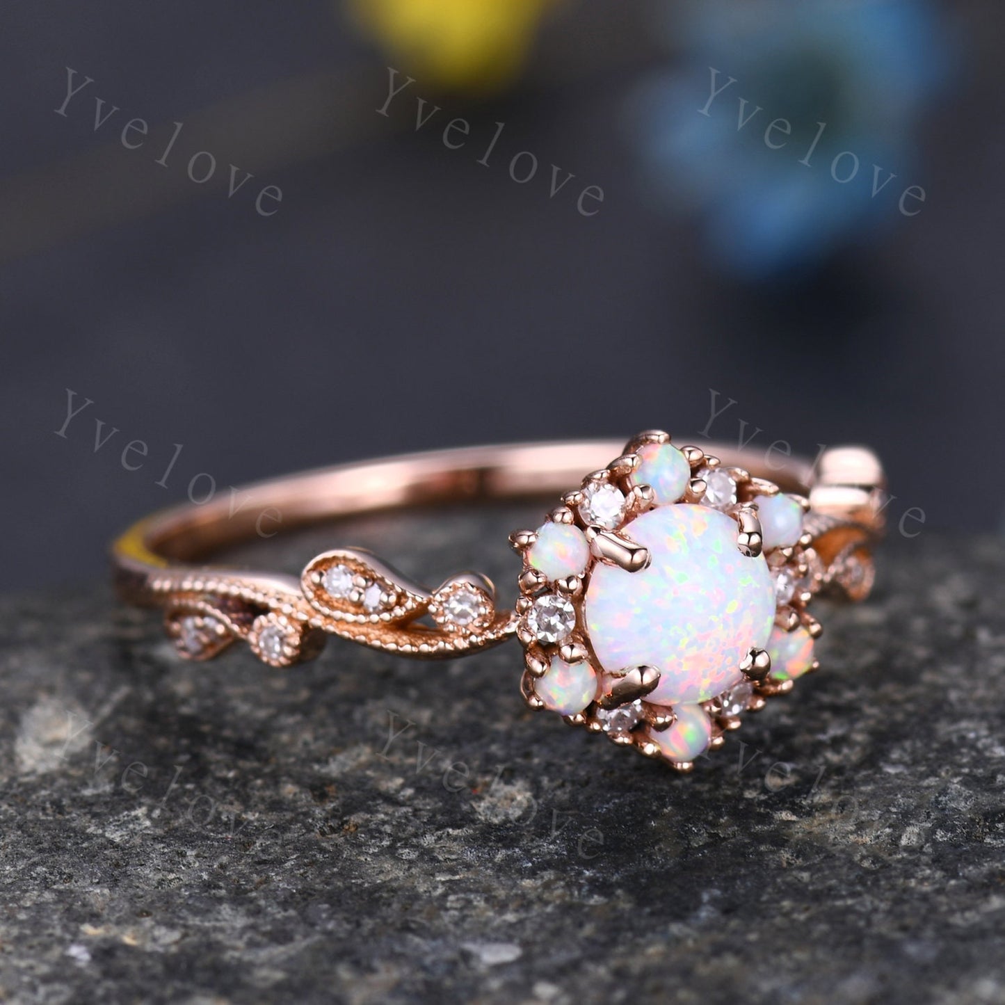 Vintage Opal Engagement Ring Rose Gold  White Opal Diamond Wedding Ring Bridal Ring October Birthstone For Women Promise Anniversary Gift