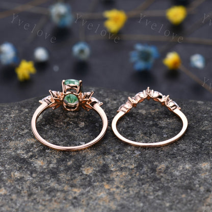 Moss Agate Engagement Ring Set Women Stacking Matching Band Diamond/Moissanite Eternity Ring Unique Vintage Floral Design Promise Gift