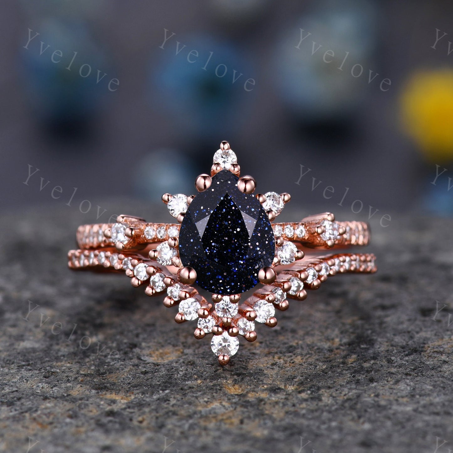 Vintage Blue Sandstone Ring Engagement Ring Set,Pear Cut Bridal Set ,925 Sterling silver Half Eternity Band