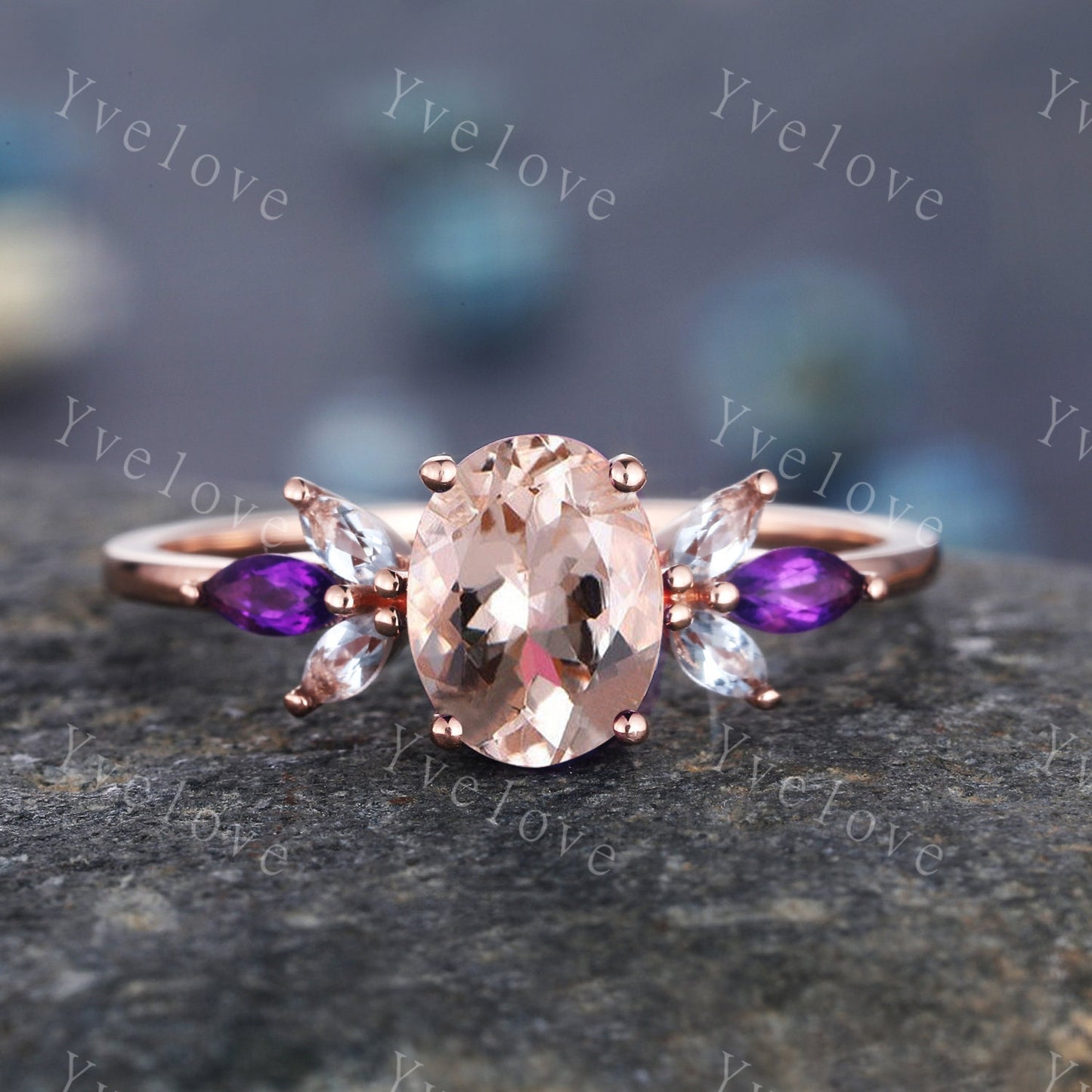 Vintage Morganite Engagement Ring Set Rose Gold Women Moissanite Amethyst Gem Matching Band Bridal Stacking Ring Set Valentines day gift