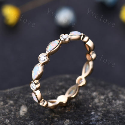 Full eternity white fire Opal wedding ring 14k rose gold diamond wedding band  marquise opal band October Birthstone stacking matching band