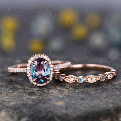 Vintage Oval Alexandrite Engagement Ring Bridal Ring Set Alexandrite Moissanite Band Retro Bridal Wedding Ring Rose Gold Ring Gift For Women