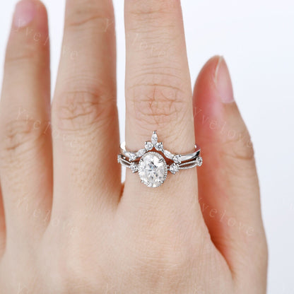 Oval moissanite engagement ring set white gold vintage engagement ring unique cluster marquise diamond wedding anniversary women ring set