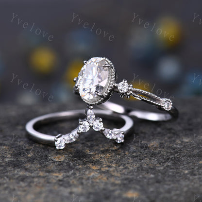 Oval moissanite engagement ring set white gold vintage engagement ring unique cluster marquise diamond wedding anniversary women ring set