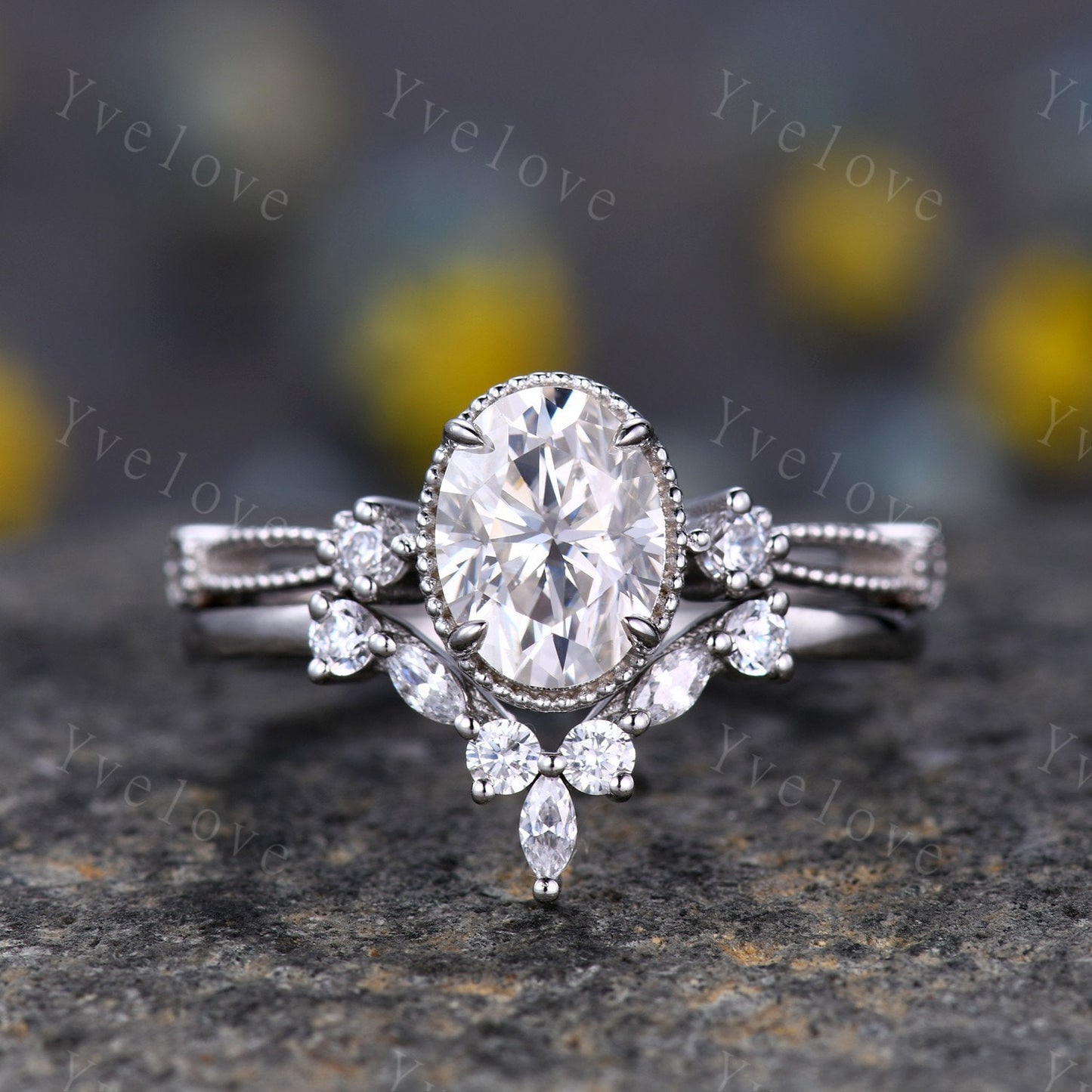 Oval moissanite engagement ring set white gold vintage engagement ring unique cluster marquise diamond wedding anniversary women ring set