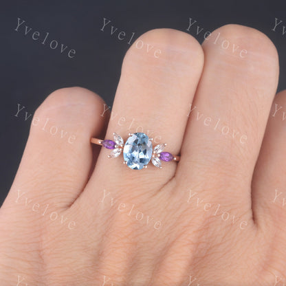 Vintage Aquamarine Engagement Ring set Unique Rose Gold Oval Cut Bridal set Art deco Amethyst curved stacking band promise anniversary rings