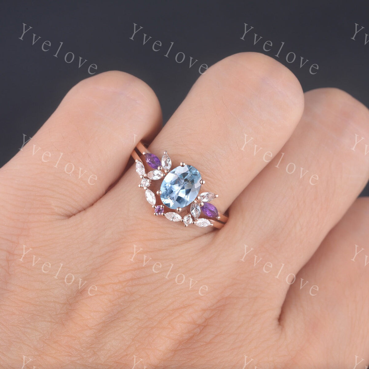 Vintage Aquamarine Engagement Ring set Unique Rose Gold Oval Cut Bridal set Art deco Amethyst curved stacking band promise anniversary rings