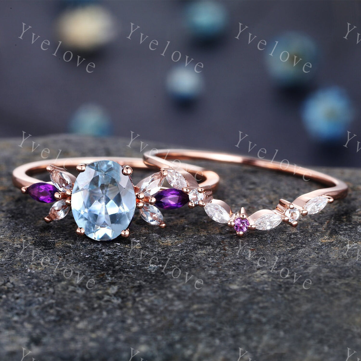 Vintage Aquamarine Engagement Ring set Unique Rose Gold Oval Cut Bridal set Art deco Amethyst curved stacking band promise anniversary rings