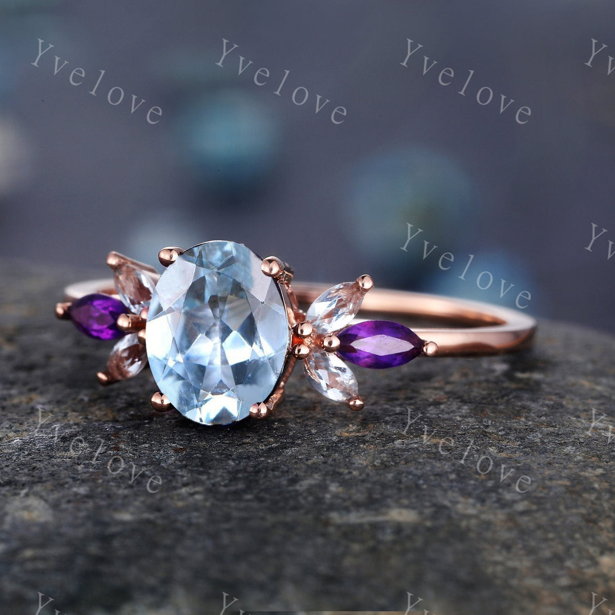 Vintage Aquamarine Engagement Ring set Unique Rose Gold Oval Cut Bridal set Art deco Amethyst curved stacking band promise anniversary rings