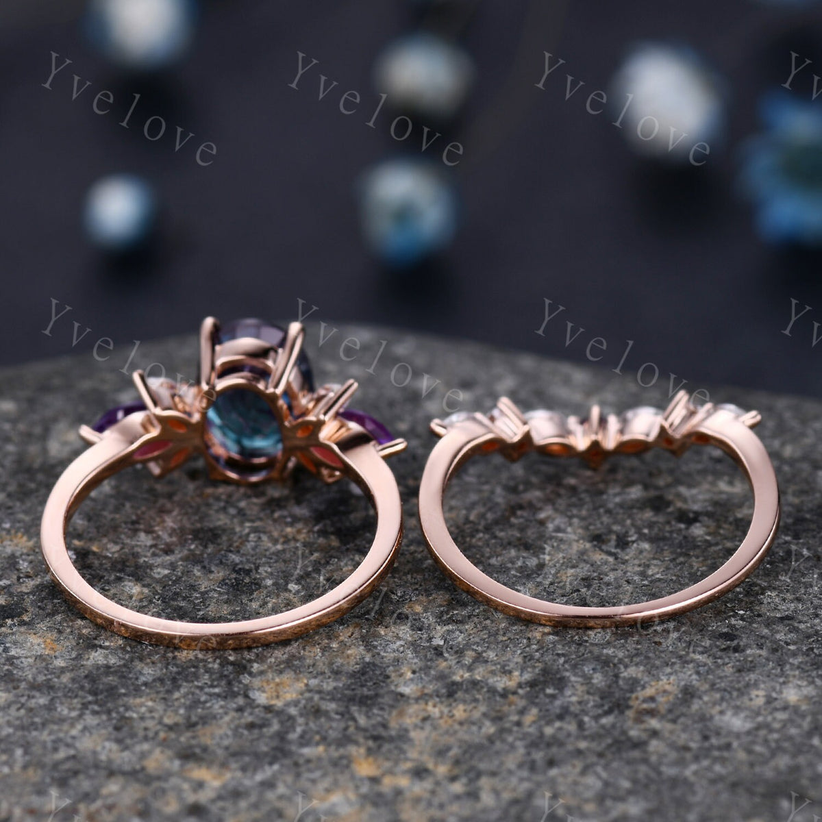 Vintage Aquamarine Engagement Ring set Unique Rose Gold Oval Cut Bridal set Art deco Amethyst curved stacking band promise anniversary rings