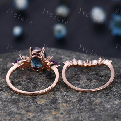Vintage Aquamarine Engagement Ring set Unique Rose Gold Oval Cut Bridal set Art deco Amethyst curved stacking band promise anniversary rings