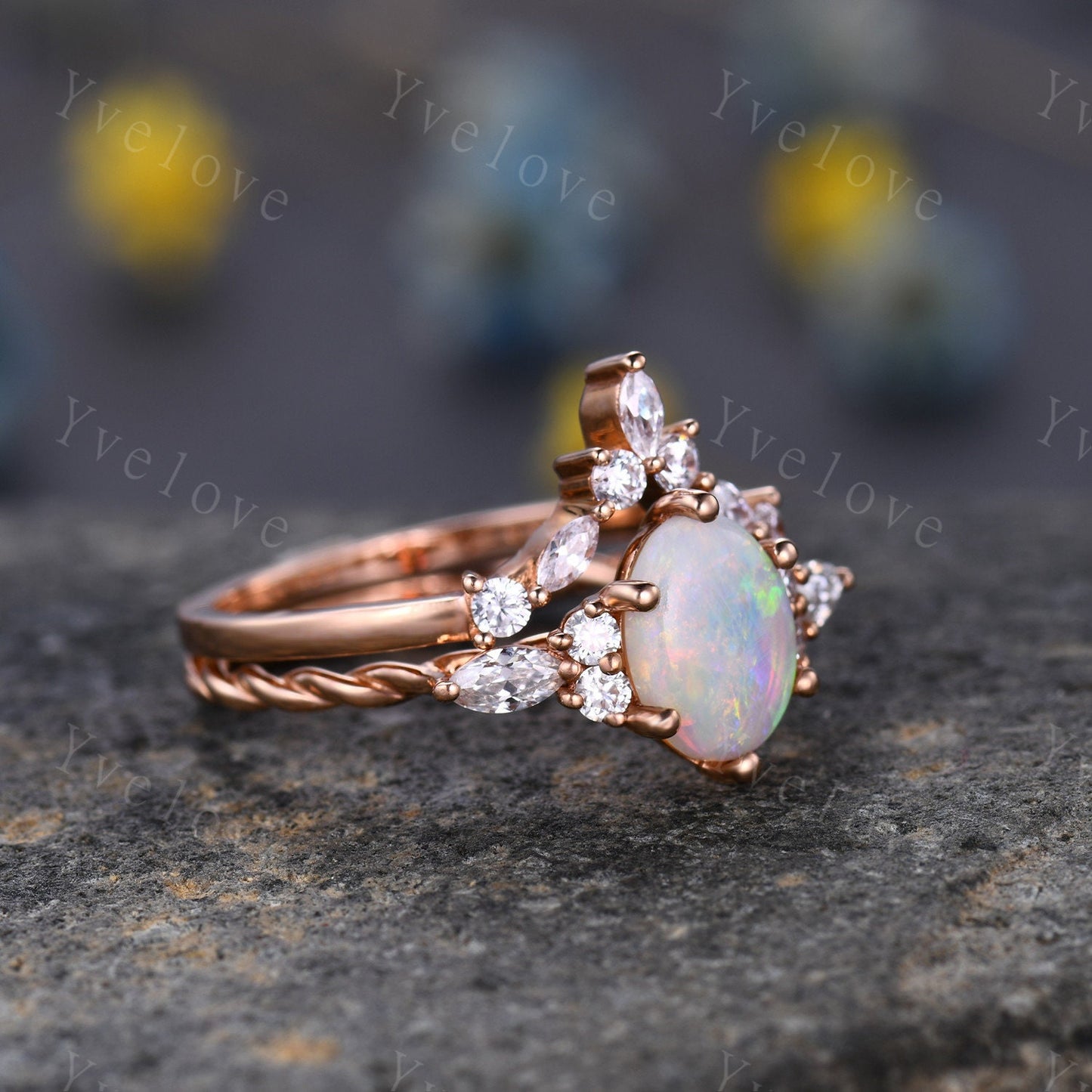 Vintage white opal Engagement Ring set,oval cut natural opal ring,twisted band,bridal ring set,V shaped curved band,moissanite ring wedding