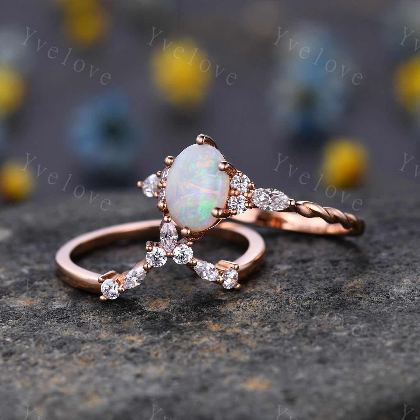 Vintage white opal Engagement Ring set,oval cut natural opal ring,twisted band,bridal ring set,V shaped curved band,moissanite ring wedding