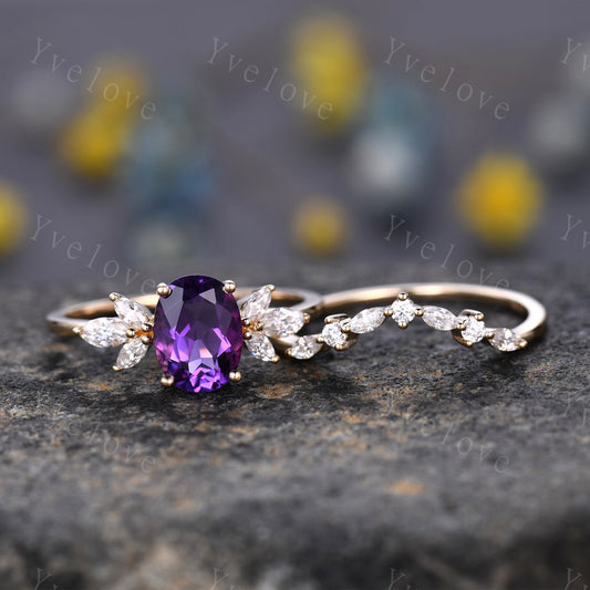 Amethyst ring set yellow gold amethyst engagement ring women promise ring oval cut amethyst moissanite stacking band Valentine's crown ring