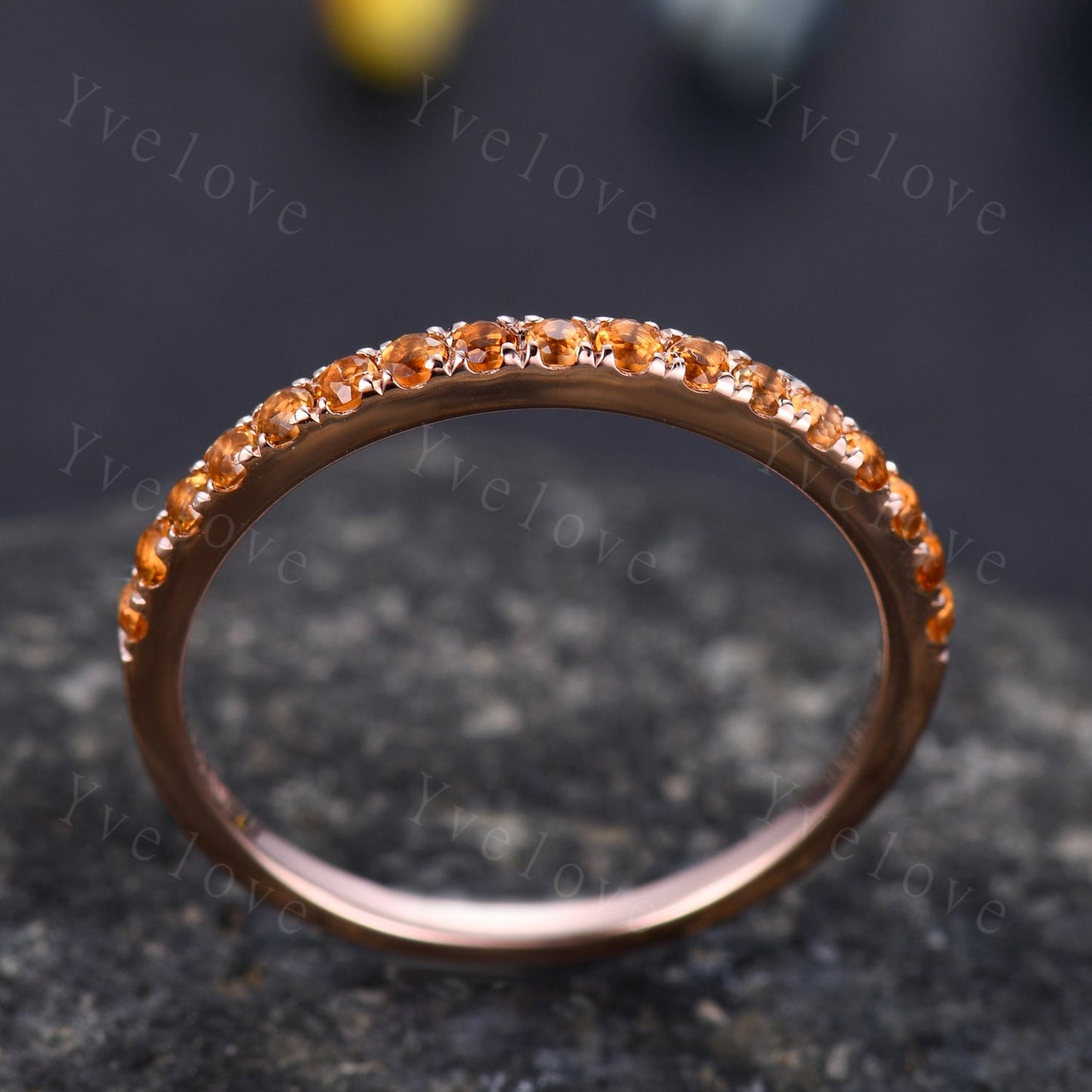Danity citrine wedding ring 14k rose gold wedding band half eternity yellow band citrine matching stacking ring anniversary gift for women