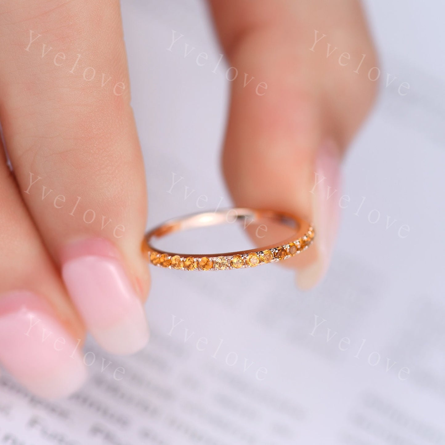 Danity citrine wedding ring 14k rose gold wedding band half eternity yellow band citrine matching stacking ring anniversary gift for women