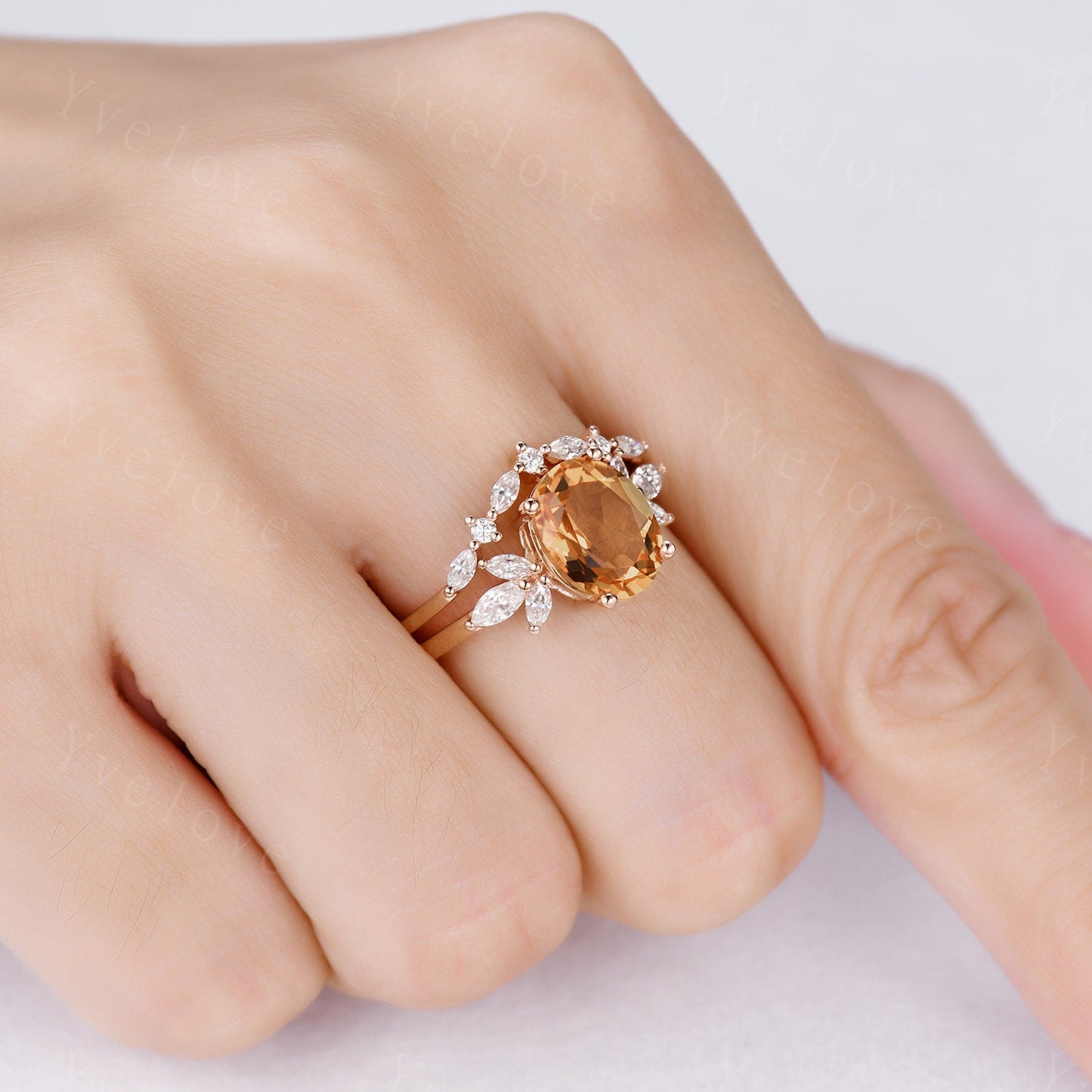 9x7mm Citrine Ring for Women, Citrine Wedding Ring Set, November Birthstone, Oval Cut Citrine, Moissanite Eternity Wedding Band, Art Deco