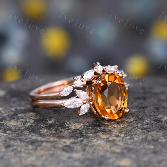 9x7mm Citrine Ring for Women, Citrine Wedding Ring Set, November Birthstone, Oval Cut Citrine, Moissanite Eternity Wedding Band, Art Deco