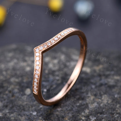 V shape diamond wedding band diamond matching band stacking ring 14k rose gold anniversary ring natural gemstone SI clarity H color