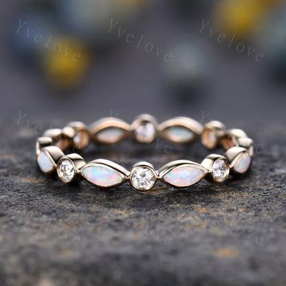 Full eternity white fire Opal wedding ring 14k rose gold diamond wedding band  marquise opal band October Birthstone stacking matching band