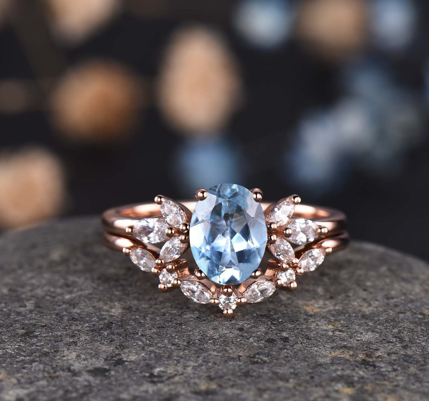 Moss Agate Engagement Ring Set Women Stacking Matching Band Diamond/Moissanite Eternity Ring Unique Vintage Floral Design Promise Gift
