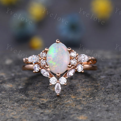 Vintage white opal Engagement Ring set,oval cut natural opal ring,twisted band,bridal ring set,V shaped curved band,moissanite ring wedding