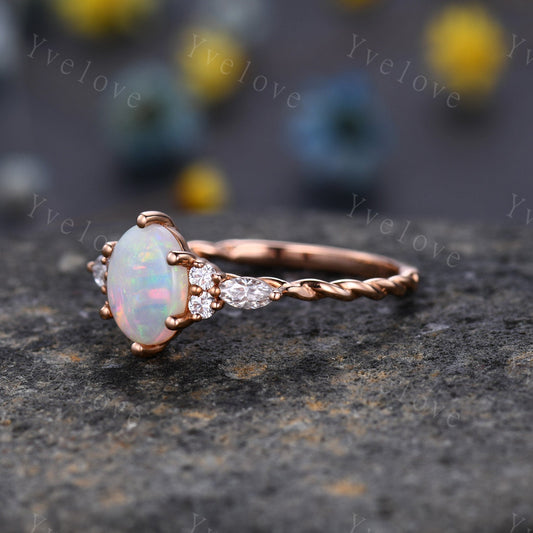 Dainty Natural Oval Cut Opal Ring, Opal Stacking Ring,White Opal Ring,Rose Gold Opal Ring,Delicate Opal Ring,Twisted Band,Bridesmaid Gift