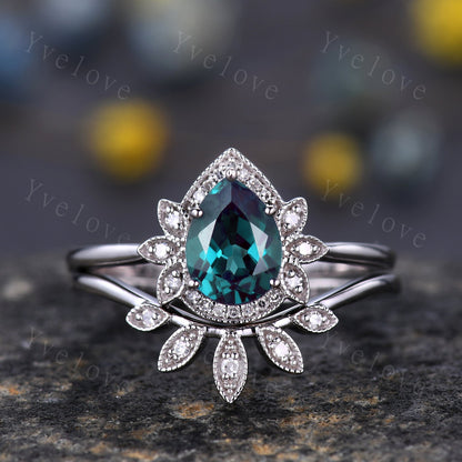 Alexandrite Engagement Ring Set White Gold Ring Set Pear Cut Alexandrite Antique Art Deco Diamond Stacking Matching Band Wedding Ring Gift