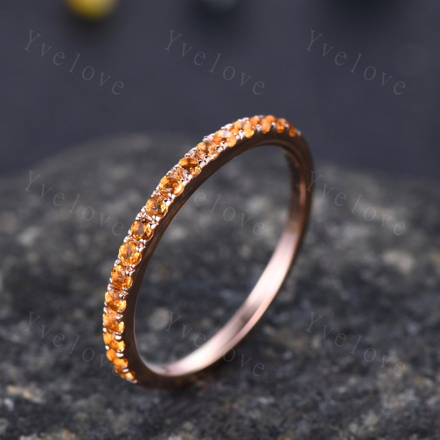 Danity citrine wedding ring 14k rose gold wedding band half eternity yellow band citrine matching stacking ring anniversary gift for women
