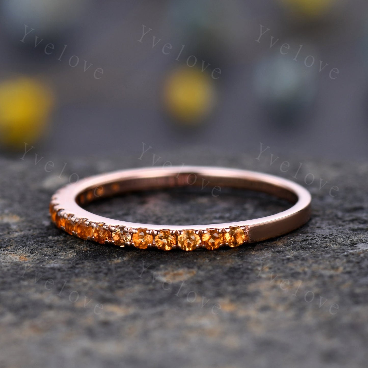 Danity citrine wedding ring 14k rose gold wedding band half eternity yellow band citrine matching stacking ring anniversary gift for women