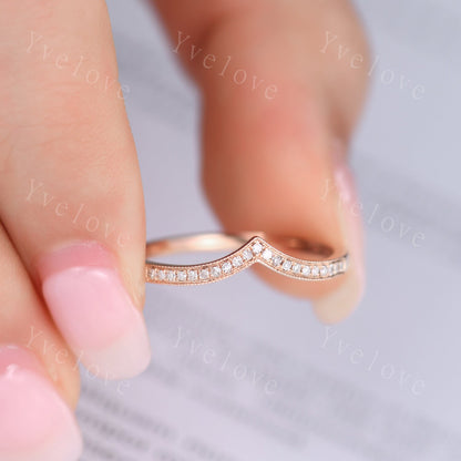 V shape diamond wedding band diamond matching band stacking ring 14k rose gold anniversary ring natural gemstone SI clarity H color