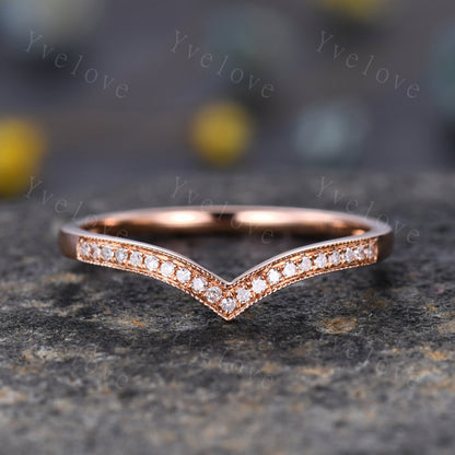 V shape diamond wedding band diamond matching band stacking ring 14k rose gold anniversary ring natural gemstone SI clarity H color