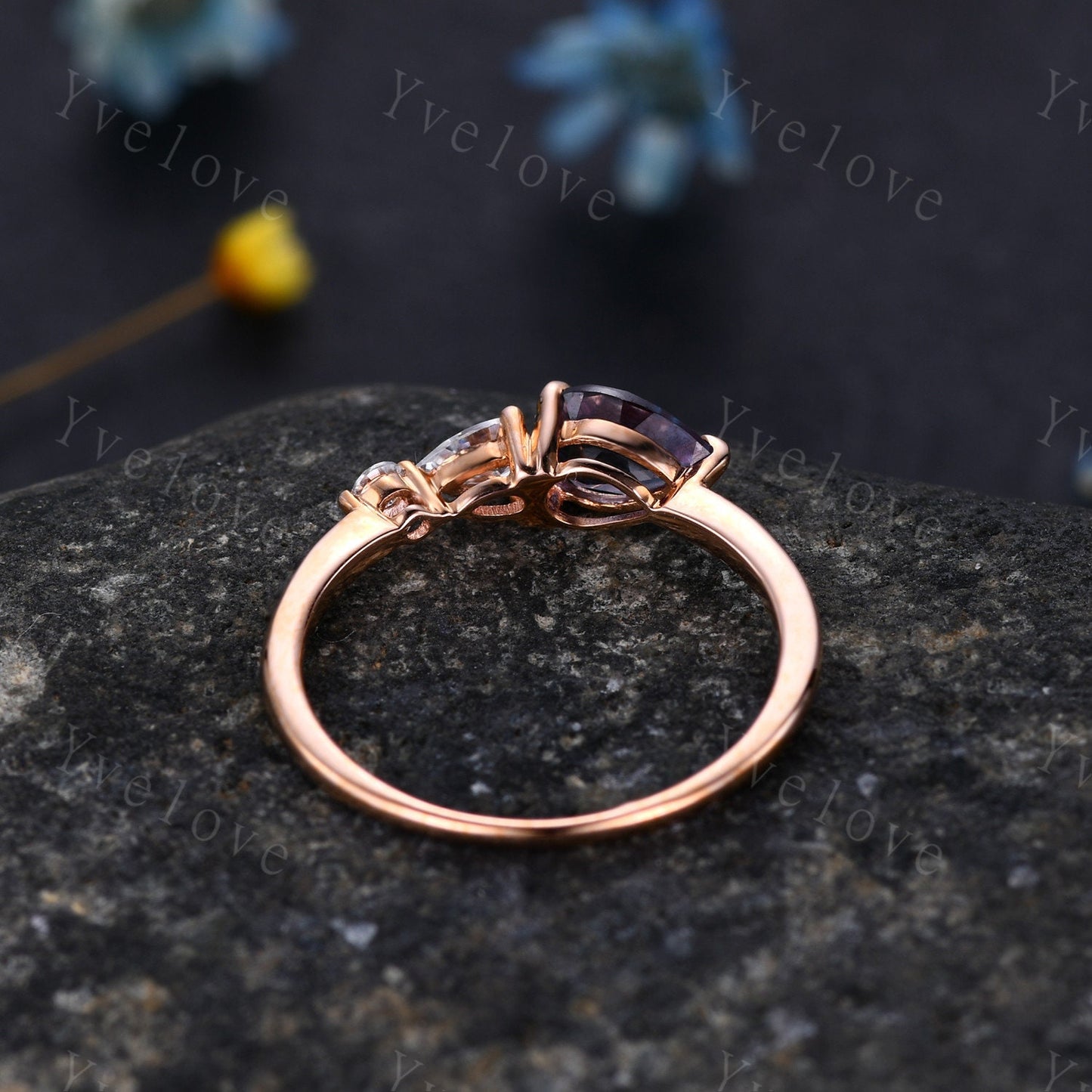 Vintage Moss Agate Ring Engagement Ring,Pear Cut Gems,Art Deco Moissanite Wedding Band,3 Stone Unique Women Bridal Promise Ring,Rose gold