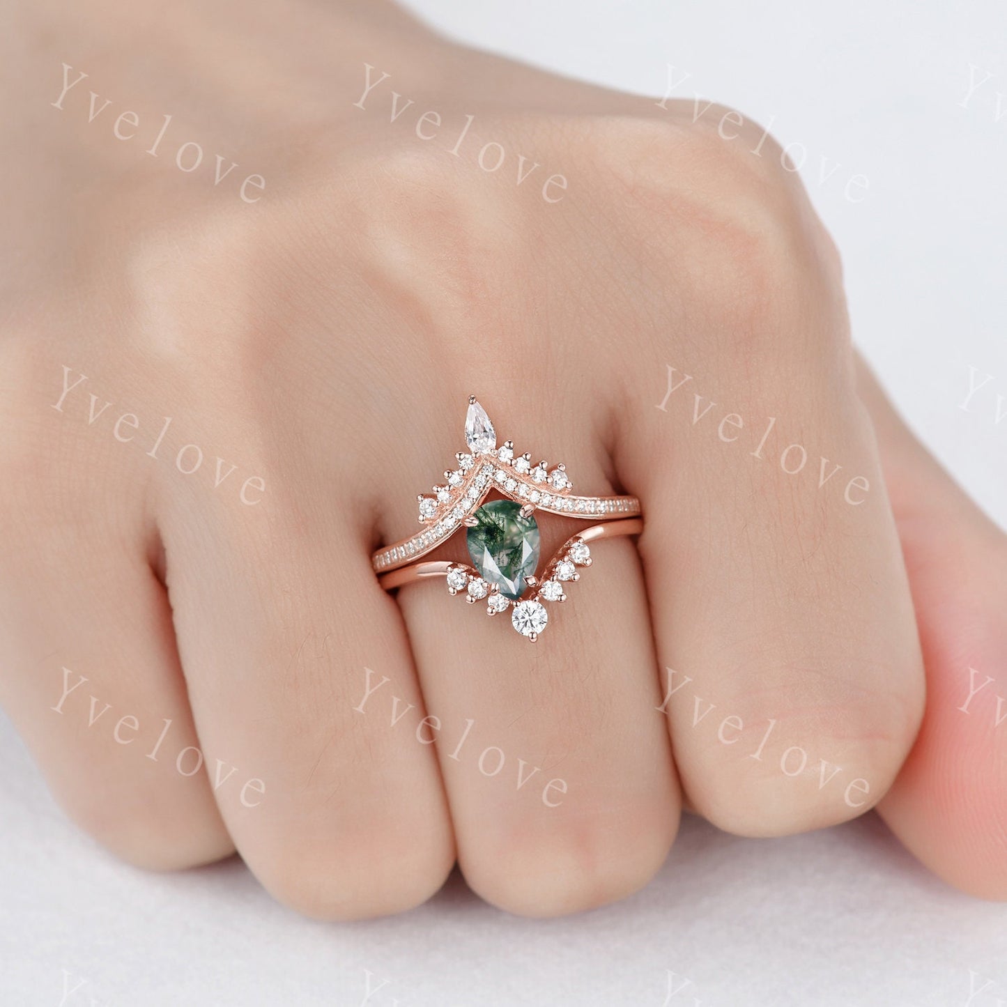 Pear moss agate ring 14k Solid Gold Vintage moss agate engagement ring set  Curved diamond Band Ring women art deco vintage moss engagement