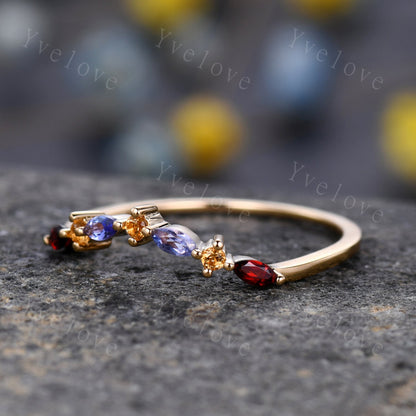 Yellow Citrine Wedding Band, Marquise Garnet tanzanite ring,Women Stacking Matching Wedding Band,Family Birthstone,Art Deco ring,Customized
