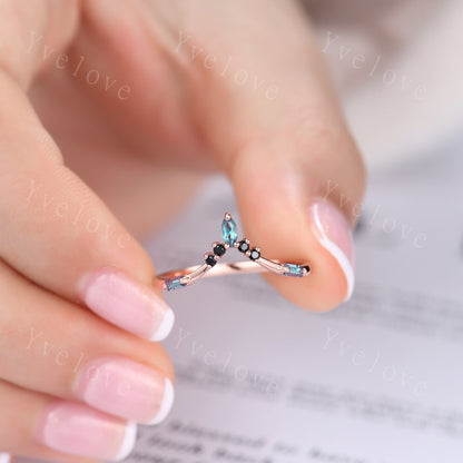 Marquise Aquamarine Wedding band,March Birthstone,Vintage Retro White Gold Ring,Black Spinel Stone,Women V Curved Stacking Band Bridal Gift