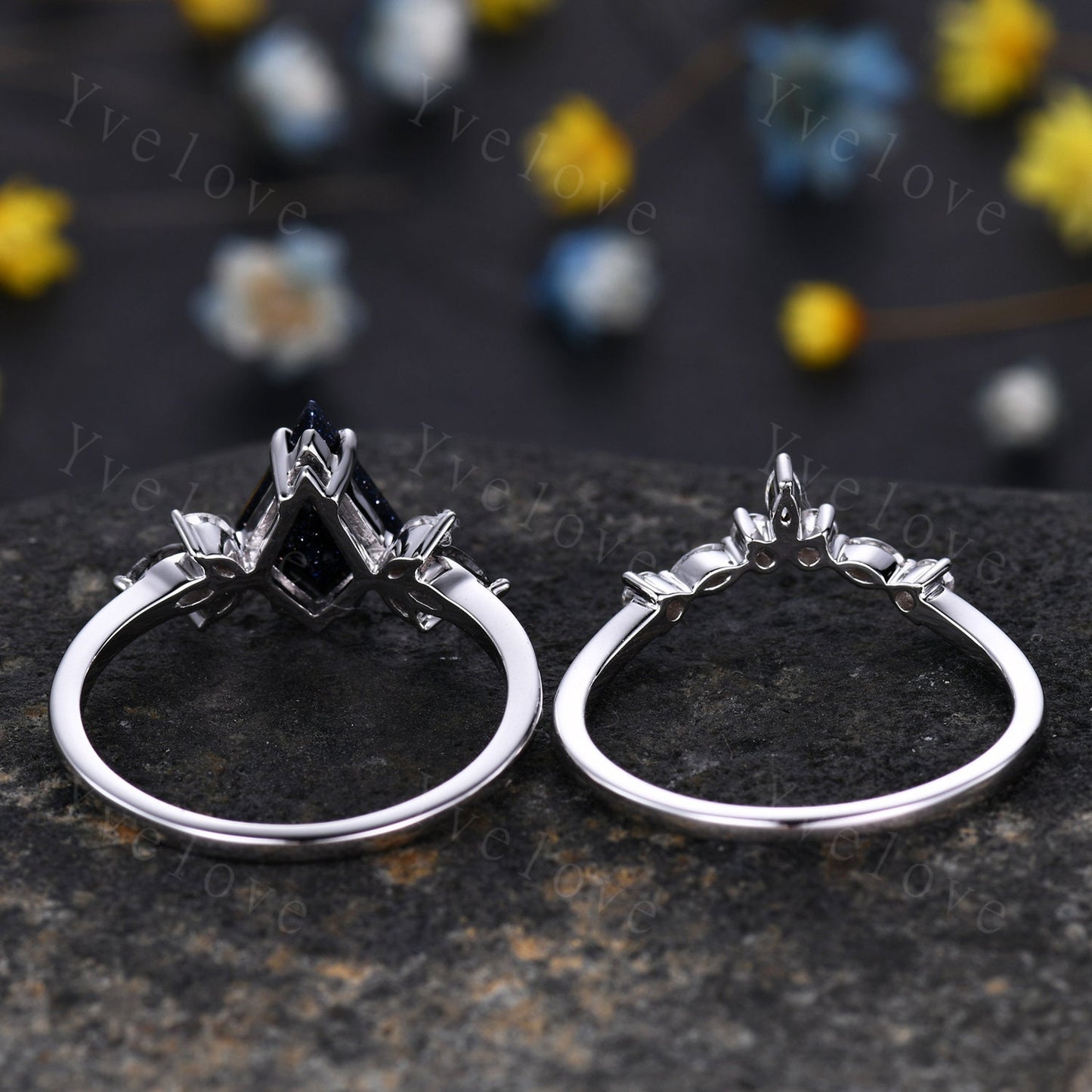 Vintage Kite Shaped Moss agate Engagement Ring Set,Unique Bridal Ring Set,Marquise Green Agate Moissanite White Gold Anniversary Ring Gift
