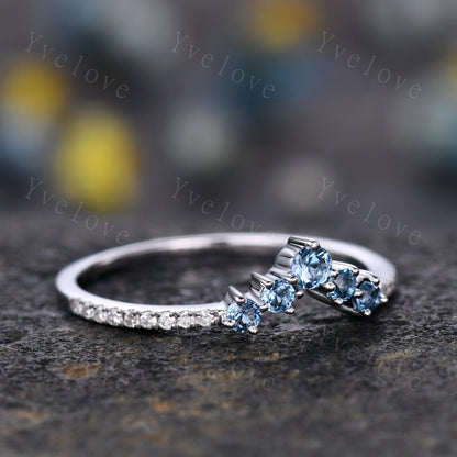 V shape topaz diamond wedding band curved stacking matching band London blue topaz half eternity ring solid 14k White gold promise bridal