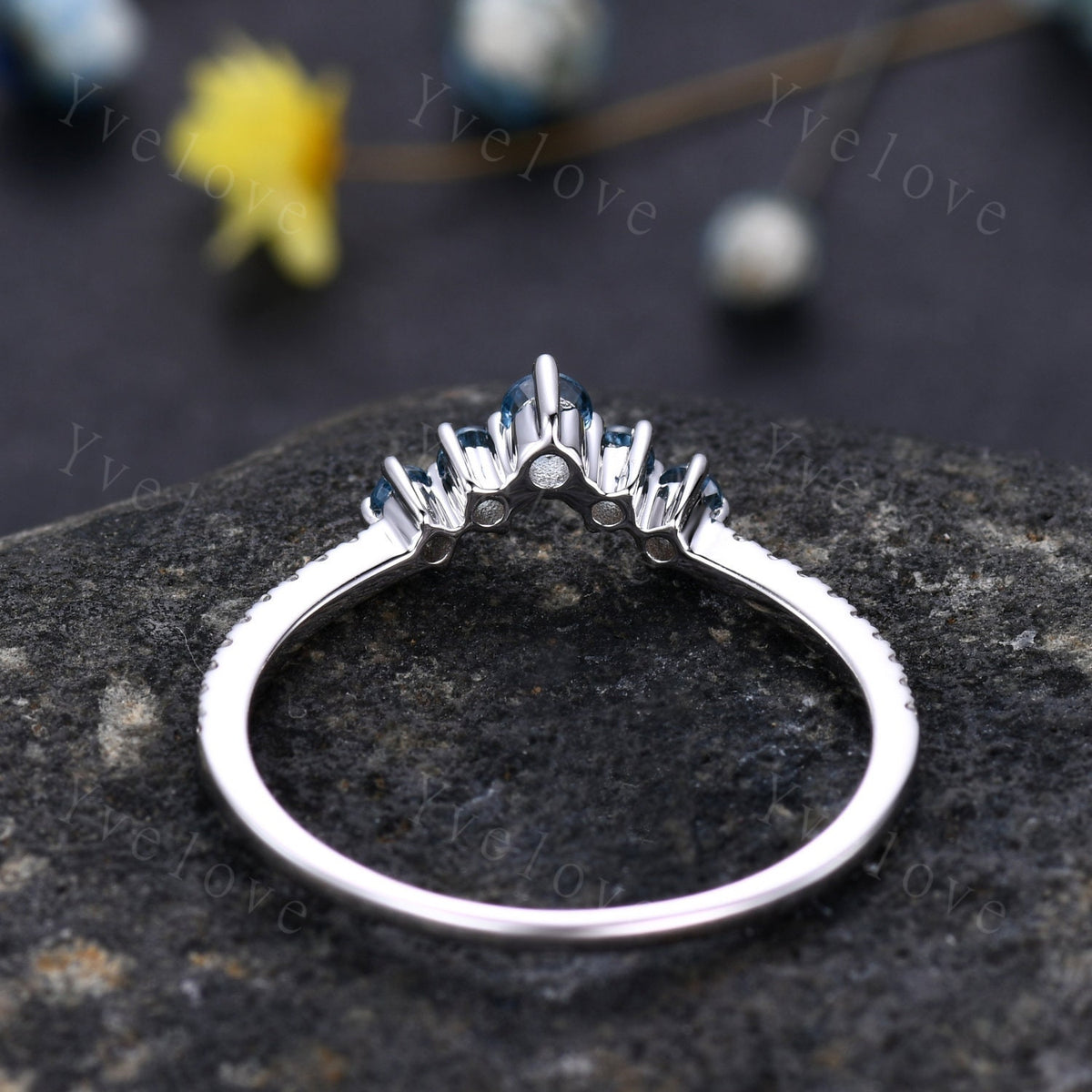 V shape topaz diamond wedding band curved stacking matching band London blue topaz half eternity ring solid 14k White gold promise bridal