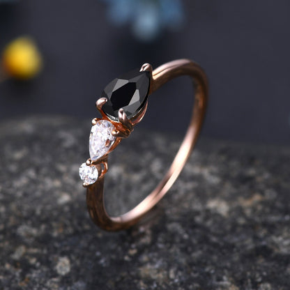Vintage Black Onyx Engagement Ring,Pear Cut Gems,Art Deco Moissanite Wedding Band,3 Stone Unique Women Bridal Promise Ring Gift,Rose gold