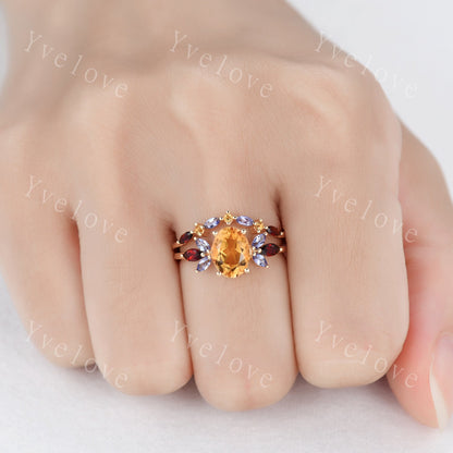 Yellow Citrine Wedding Band, Marquise Garnet tanzanite ring,Women Stacking Matching Wedding Band,Family Birthstone,Art Deco ring,Customized