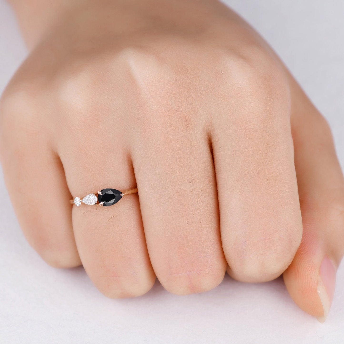 Vintage Black Onyx Engagement Ring,Pear Cut Gems,Art Deco Moissanite Wedding Band,3 Stone Unique Women Bridal Promise Ring Gift,Rose gold