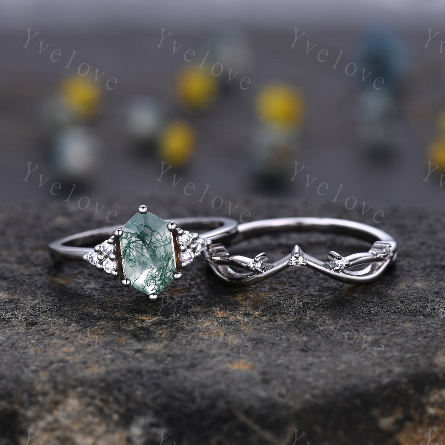 Retro Long hexagon Moss Agate Ring,Vintage Sterling Silver Ring Set,Unique Agate Engagement Ring,Promise Ring,Anniversary Ring Gift For Her