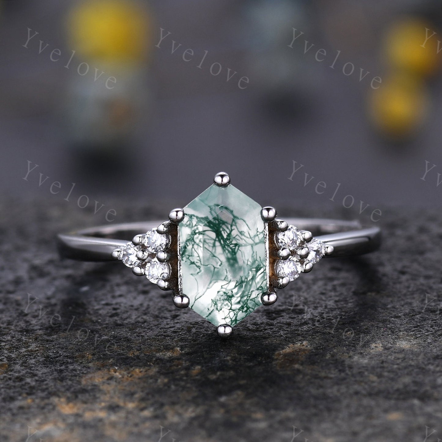 Retro Long hexagon Moss Agate Ring,Vintage Sterling Silver Ring Set,Unique Agate Engagement Ring,Promise Ring,Anniversary Ring Gift For Her