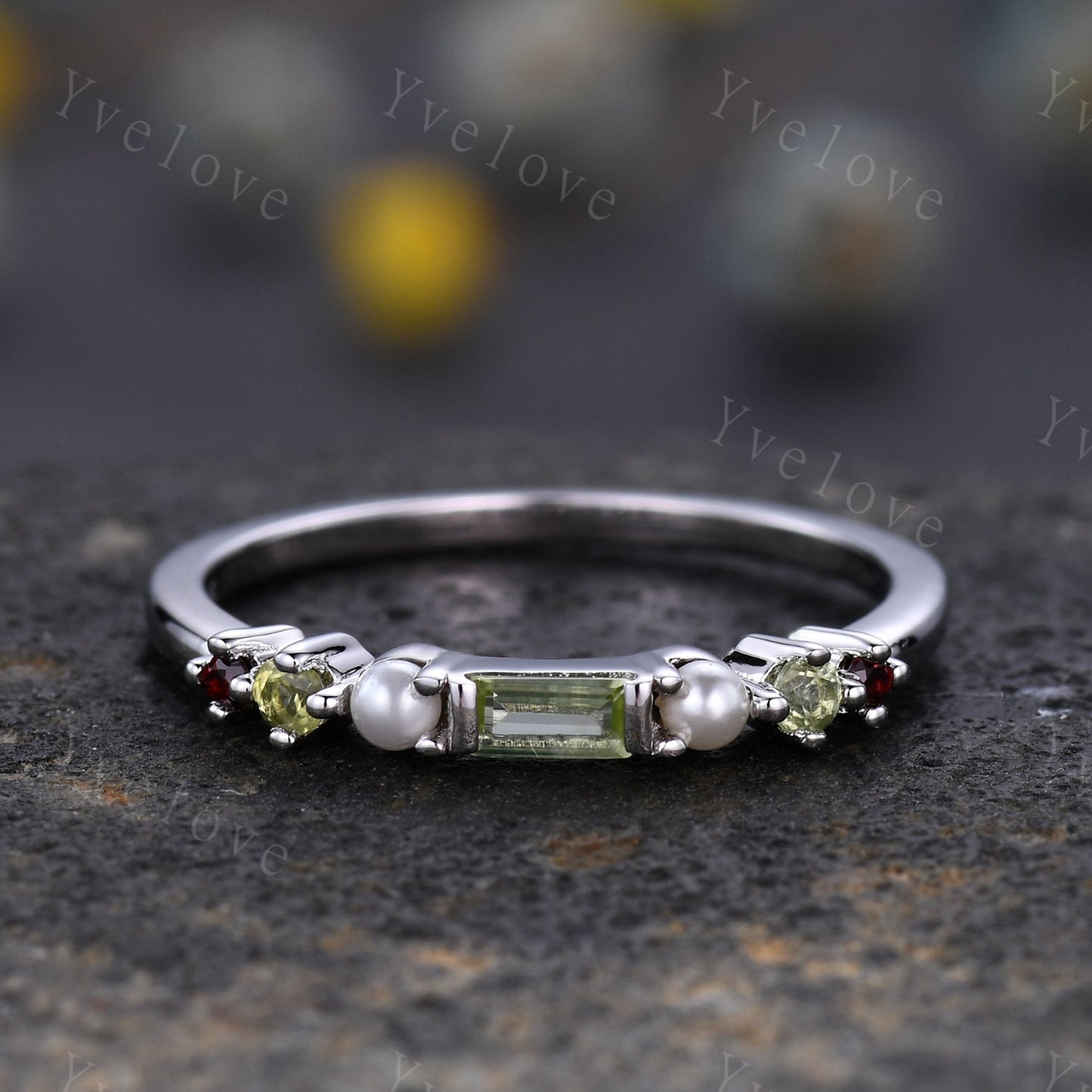 Minimalist Baguette shaped peridot band dainty pearl red garnet wedding band women stackable matching ring gold plated personalized gift
