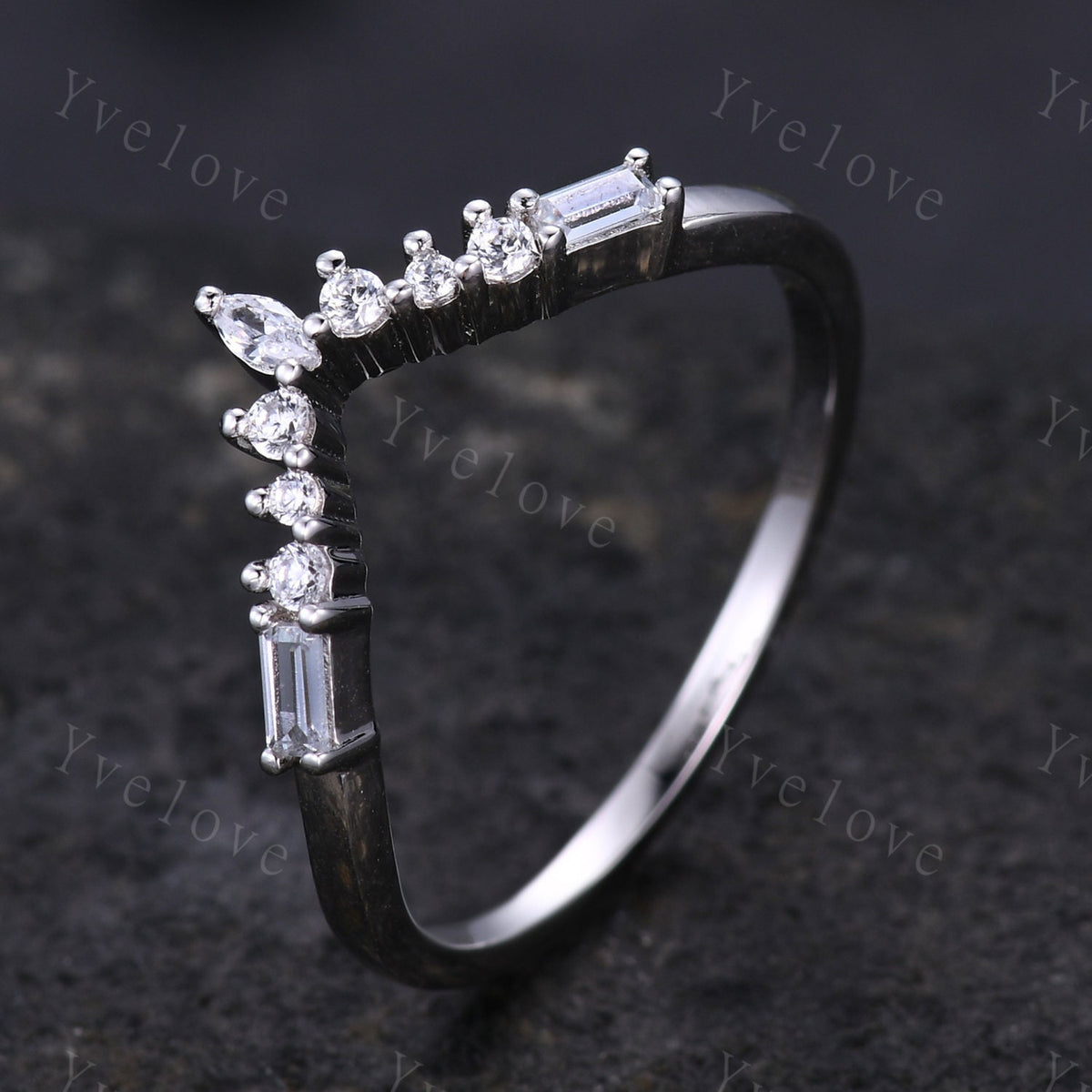 Marquise Moissanite Wedding band,Baguette Aquamarine,Vintage Retro Sterling Silver Ring,Women V Curved Stacking Matching Band Bridal Gift