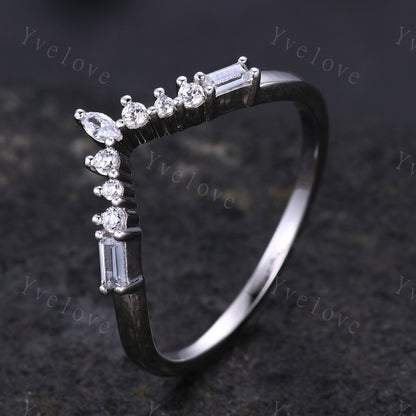 Marquise Moissanite Wedding band,Baguette Aquamarine,Vintage Retro Sterling Silver Ring,Women V Curved Stacking Matching Band Bridal Gift