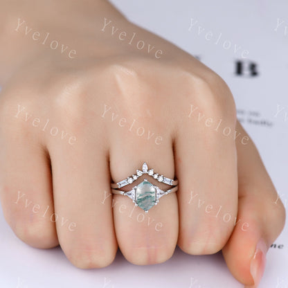 Marquise Moissanite Wedding band,Baguette Aquamarine,Vintage Retro Sterling Silver Ring,Women V Curved Stacking Matching Band Bridal Gift