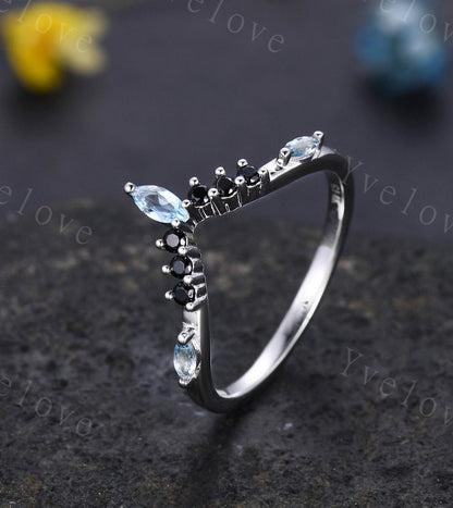 Marquise Aquamarine Wedding band,March Birthstone,Vintage Retro White Gold Ring,Black Spinel Stone,Women V Curved Stacking Band Bridal Gift